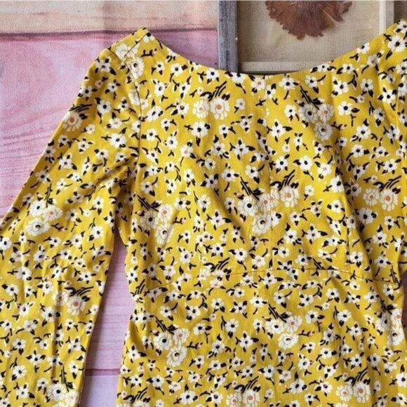 Zara Yellow Floral Bell Sleeve Mini Dress Small Mod Retro Colorful Summer - Picture 7 of 11